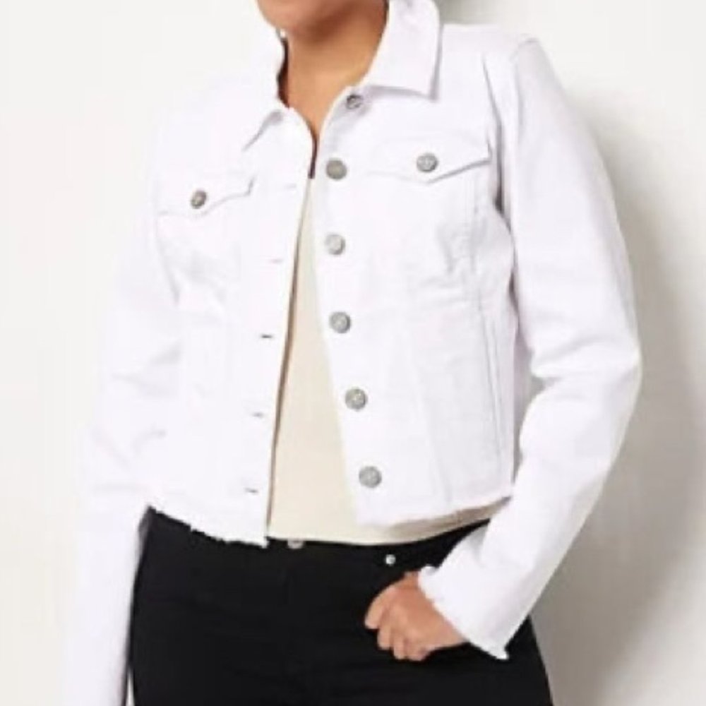Susan Graver Stretch Denim Long Slv Button Front Jacket White 2X NEW